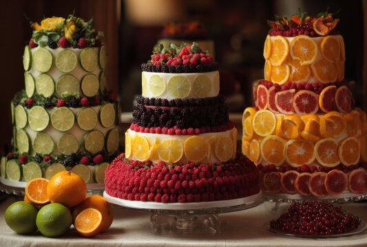 Assorted colorful layered cakes with fruit garnishes and decorative frosting displays