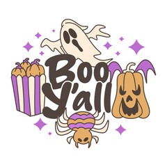Boo Y'all cute Halloween ghost pumpkin creepy spooky illustration, Pumpkin Halloween fall t shirt design, Halloween scary character graphic