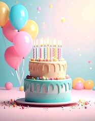A two-tiered birthday cake with pastel frosting, lit candles, and pastel balloons