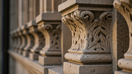 Obraz premium Textured stone balustrade with intricate carved architectural elements