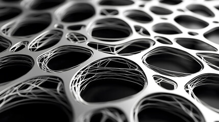 A digital wireframe pattern of interconnected geometric shapes, metallic silver reflections, dark sci-fi background