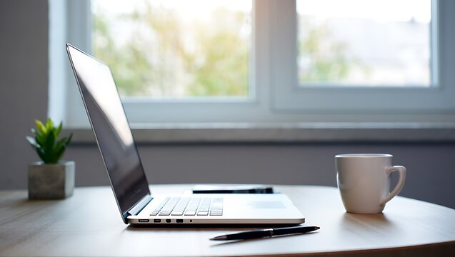 A Cozy Home Office Setup with a Laptop and Coffee by the Window