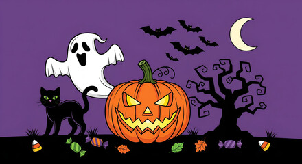 Spooky Halloween Night: Cartoon Ghost, Cat, Pumpkin