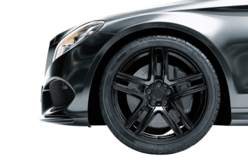 Close-up view of a sleek, dark gray car's front end and tire.  Glossy finish,  modern design