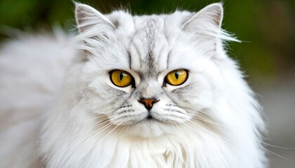 Close-up portrait of a majestic fluffy white Persian cat with striking amber eyes.