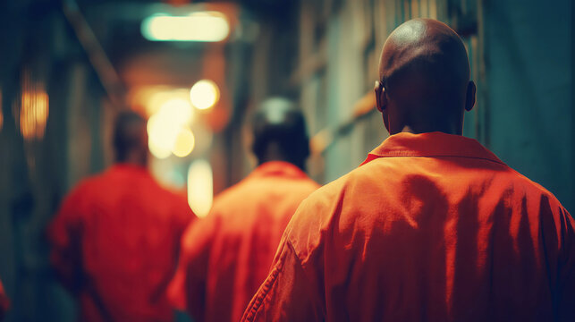 backs of male prisoners in orange uniforms in prison corridor