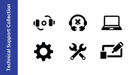 Technical Support Icons Set Gear, Laptop, Customer Help Vector