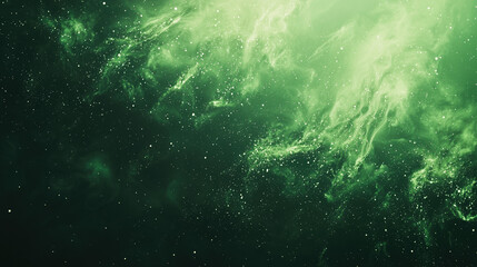 A green background with particles or elements randomly drifting in space.