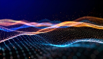 Waves of binary code and glowing particles flowing across a dark background, symbolizing digital transformation and big data.