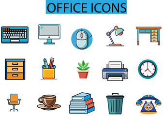 Set of Office Icons in Grid Layout Featuring Desk Items and Equipment
