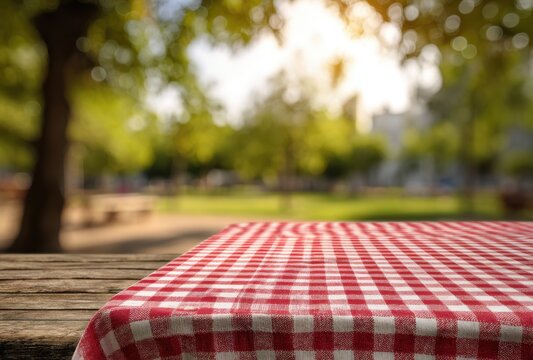 Close-up of a rustic outdoor table with a red and white checkered tablecloth set in a scenic park during daytime with lush green trees and soft sunlight in the background