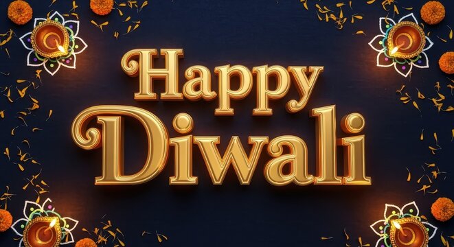 Sparkling Diwali Wishes: An elegant visual display featuring the message Happy Diwali, illuminated with traditional lamps and festive marigolds, conveying joy and celebration.