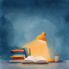 Open book, lit by warm lamp, stacks of books