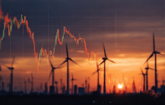 Stock market graph overlayed on a sunset scene of wind turbines