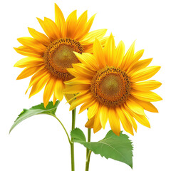 Obraz premium Two vibrant, blooming sunflowers with green leaves, on a black background