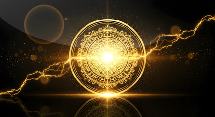 Glowing Gold Mandala with Lightning on Transparent Background