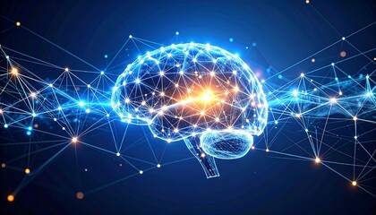 Floating glowing nodes connected with luminous lines, digital brain concept, deep learning artificial intelligence background.
