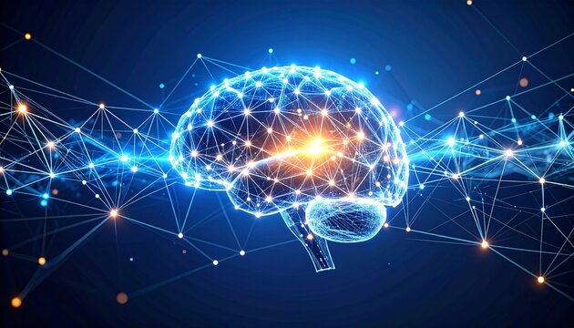 Floating glowing nodes connected with luminous lines, digital brain concept, deep learning artificial intelligence background.