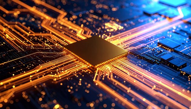 Close-up abstract circuit board pattern, golden traces with glowing points, futuristic hardware background.