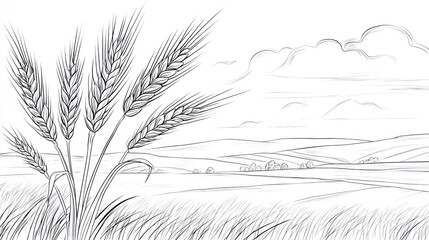 Grayscale drawing features wheat stalks in a rolling field landscape under cloudy sky