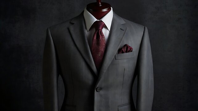 A tailored gray suit with a burgundy tie and pocket square on a mannequin against dark background