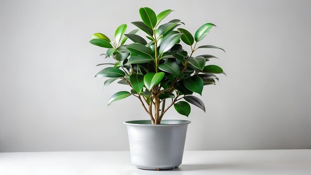 Ficus Microcarpa Ginseng Plant in a Gray Pot on a White Surface
