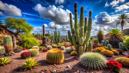 Vibrant Desert Landscape with Diverse Cacti and Lush Greenery Under a Cloudy Sky