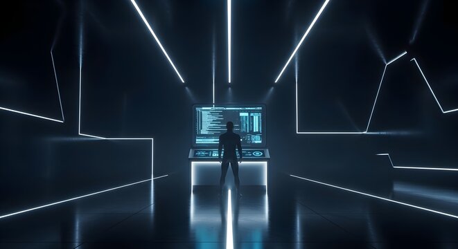 Futuristic command center with digital interface and glowing data streams, representing advanced technology and secure operations