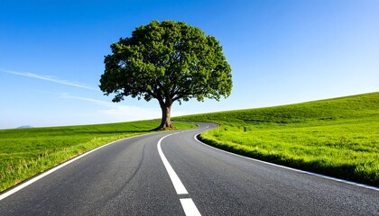 Fototapeta premium Winding Road with Green Fields, and Lone Tree.