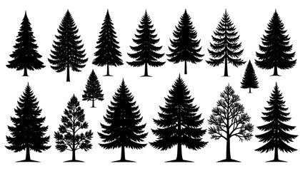 Collection of Diverse Black Pine Tree Silhouettes on White Background.