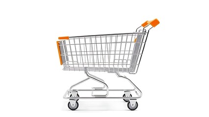 Supermarket cart isolated on white background, highlighting metal and plastic details in clean product showcase.