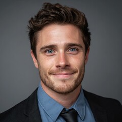 Close-up portrait of a confident young man with dark hair and a well-groomed beard, dressed in a formal suit and blue shirt, smiling softly against a neutral gray background