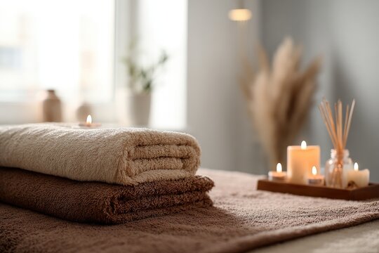 Folded spa towels on massage table, candles, and diffusers