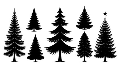 Collection of Diverse Silhouette Christmas Trees with Varying Shapes and Sizes.