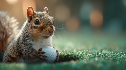 Curious squirrel holding a golf ball near hole cup