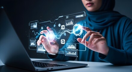 Innovative female analyst in hijab using augmented reality to visualize complex data on a virtual touchscreen dashboard.