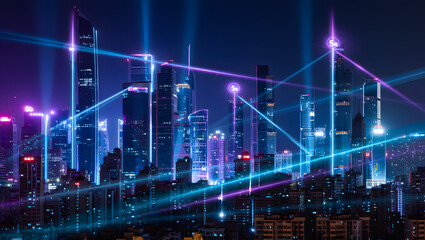 Fototapeta premium Digital Cityscape: A modern cityscape shimmers at night, a network of digital connections weaving through towering structures, showcasing the city's technological heart.