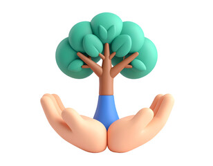 3D Cartoon Tree in Hands Illustration