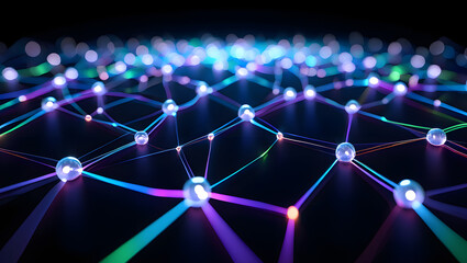Obraz premium Illuminated Neural Network: A dynamic representation of interconnected nodes, glowing with vibrant hues and intricate connections.