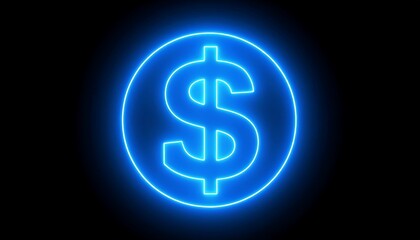 Glowing neon blue dollar sign in a circle on black background (1)