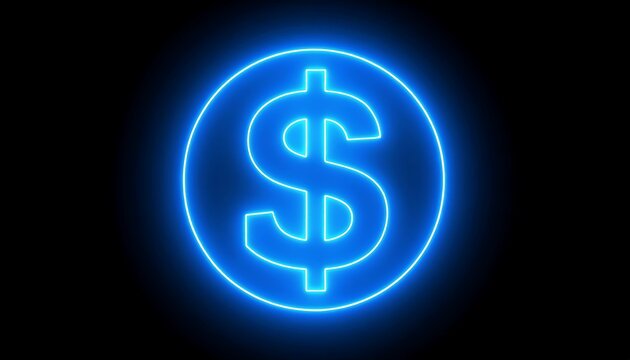 Glowing neon blue dollar sign in a circle on black background (1)