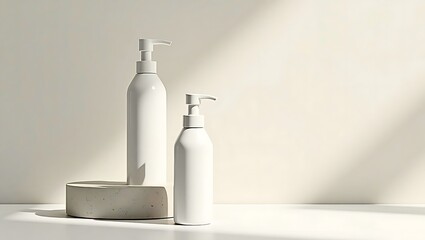 White Cosmetic Pump Bottle on Minimal Pedestal with Natural Light