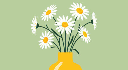 A vibrant bouquet of cheerful daisies in a bright yellow vase sits against a soft green background a symbol of spring and new beginnings