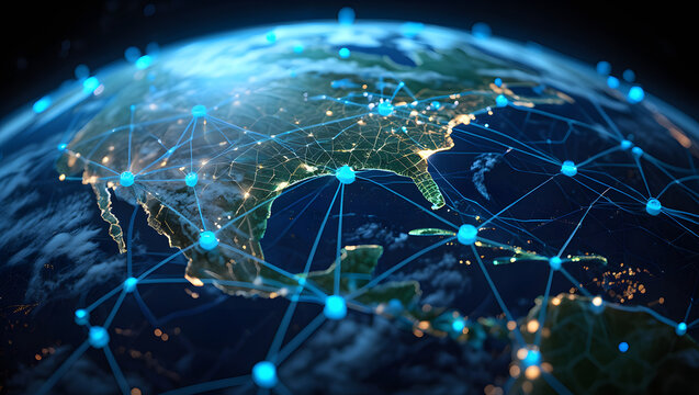 Global Network: A stunning visual representation of the Earth interwoven with interconnected digital nodes, showcasing the expansive reach and connectivity of technology.
