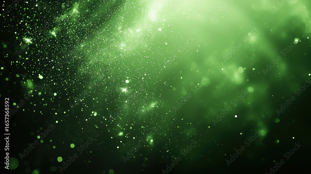 Wall mural a green background with particles or elements randomly drifting in space.