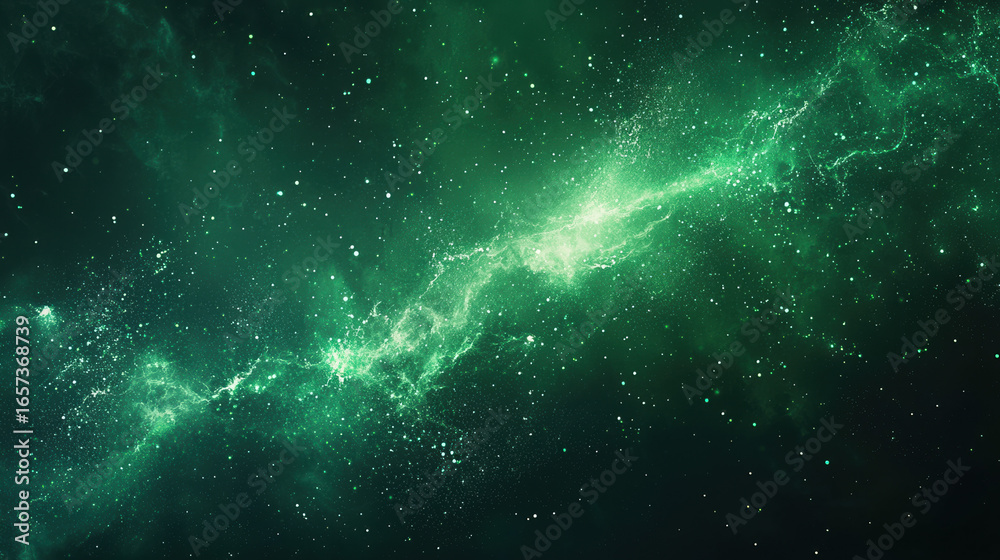 Sticker a green background with particles or elements randomly drifting in space.