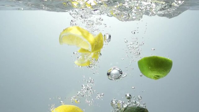新鮮なレモンとライムを水に落下させた動画
