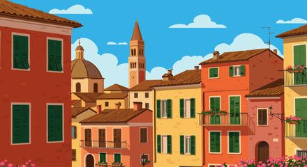 Charming vector illustration of a traditional Italian town street with colorful houses and a bell tower. 