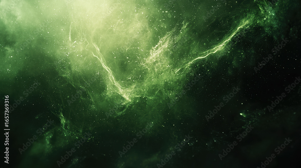 Sticker a green background with particles or elements randomly drifting in space.