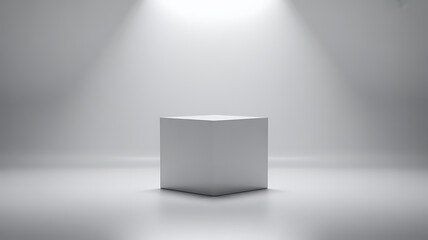 A minimalist white pedestal illuminated by two spotlights in a clean empty studio with a subtle textured background